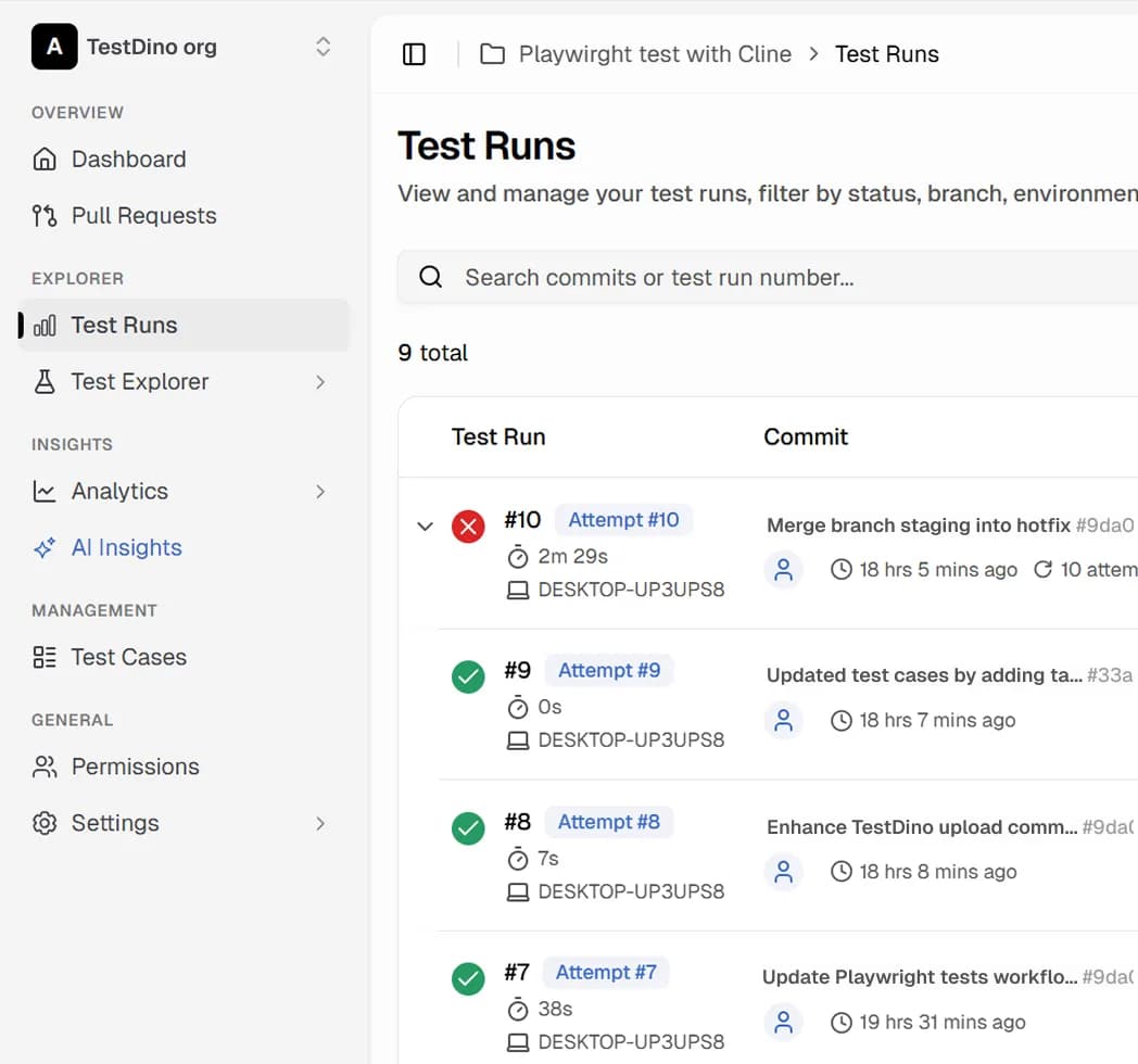 TestDino dashboard preview