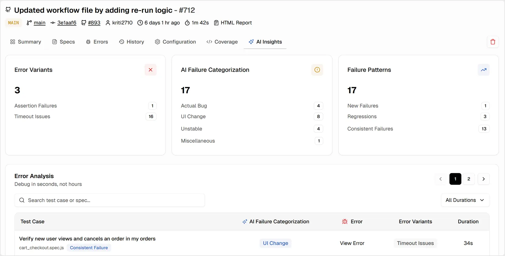 TestDino test run AI Insights tab
